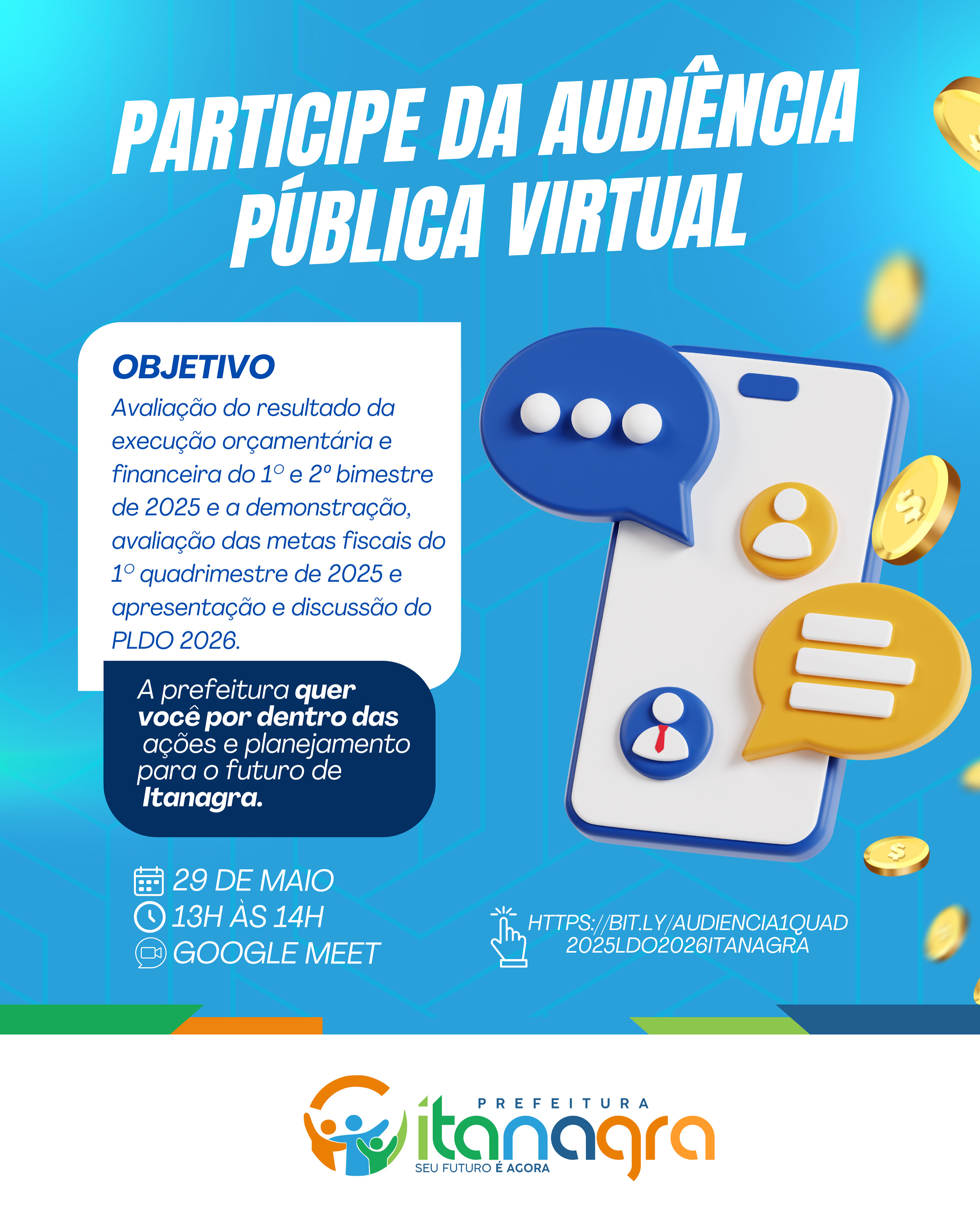 Prefeitura de Itanagra convida população para Audiência Pública Virtual sobre metas fiscais e planejamento orçamentário